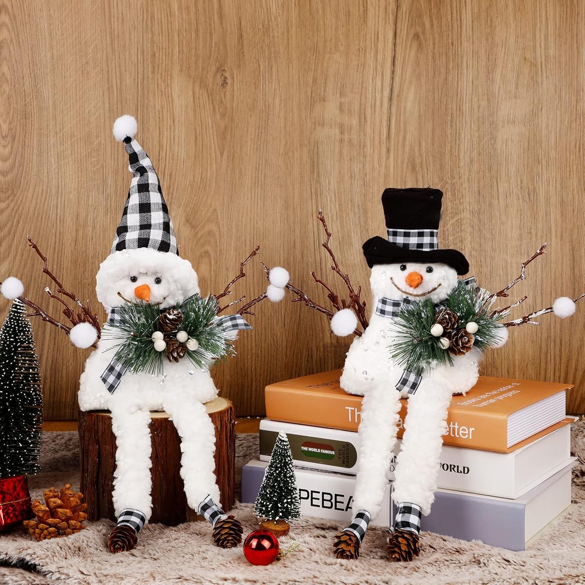 Lulu Home Christmas Snowman Decorations, Set of 2 Plush Shelf Sitters with Dangling Legs, Buffalo Checked Christmas Snowman Ornaments for Table Mantel Desk Fireplace Home Holiday Decor - detail image 5
