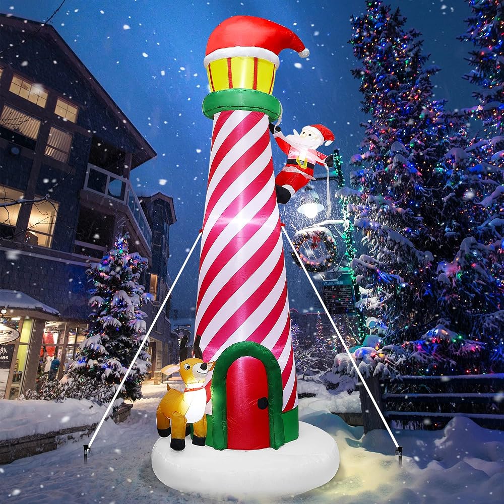 Lulu Home 9.8FT Christmas Inflatable Decorations, Giant Blow Up Lighthouse with Santa and Reindeer, Xmas Lighted Blowups with Drawstring Bags for Winter Yard Lawn Garden Outdoor Decor