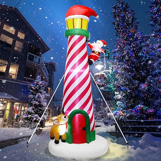 Lulu Home 9.8FT Christmas Inflatable Decorations, Giant Blow Up Lighthouse with Santa and Reindeer, Xmas Lighted Blowups with Drawstring Bags for Winter Yard Lawn Garden Outdoor Decor
