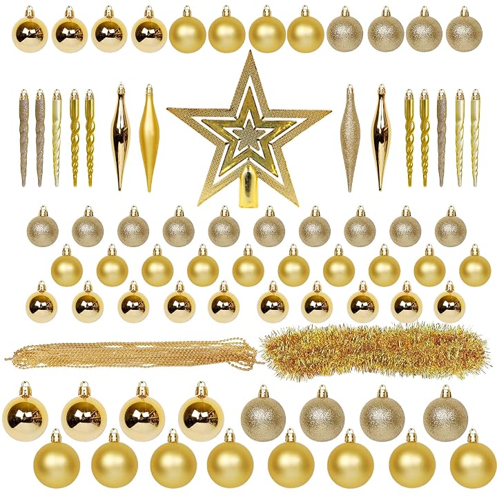 Lulu Home Assorted Christmas Tree Ornaments Set, 75 Pieces Golden Shatterproof Balls Xmas Seasonal Decorations for Easter Decoration, Pre-Strung