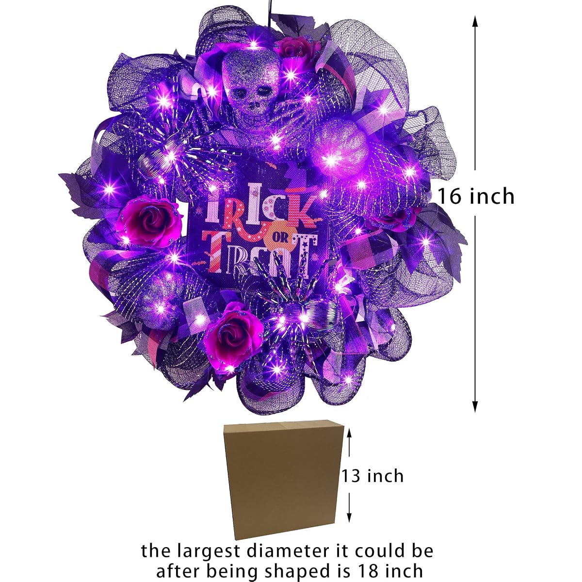 Lulu Home Halloween Wreath, 30 LED Lighted Front Door Wreath with Skull Spider Mesh Decor, Battery Operated Halloween Wired Ribbon Wreath Artificial Door Wreath Hanging Ornament, NOT PRELIT - imagem de detalhe 1
