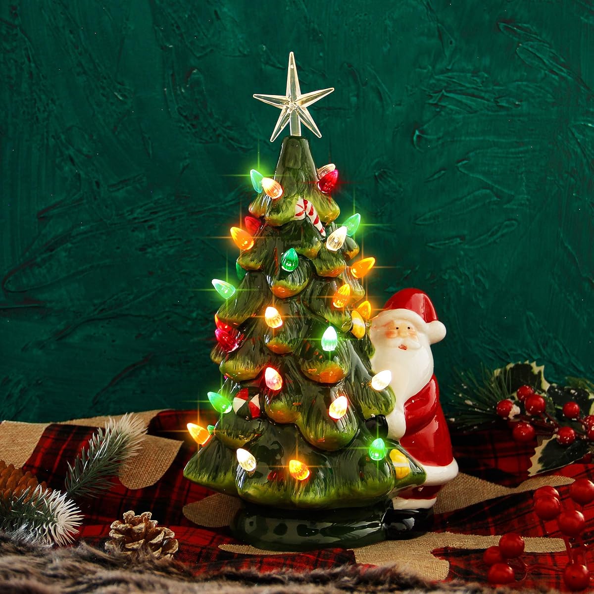 Lulu Home 13 Inch LED Light Up Ceramic Tabletop Christmas Tree with 54 Multicolored Lights and a 5 Point Star Topper, Green Vintage Ceramic Tree for Tabletop - detail image 3