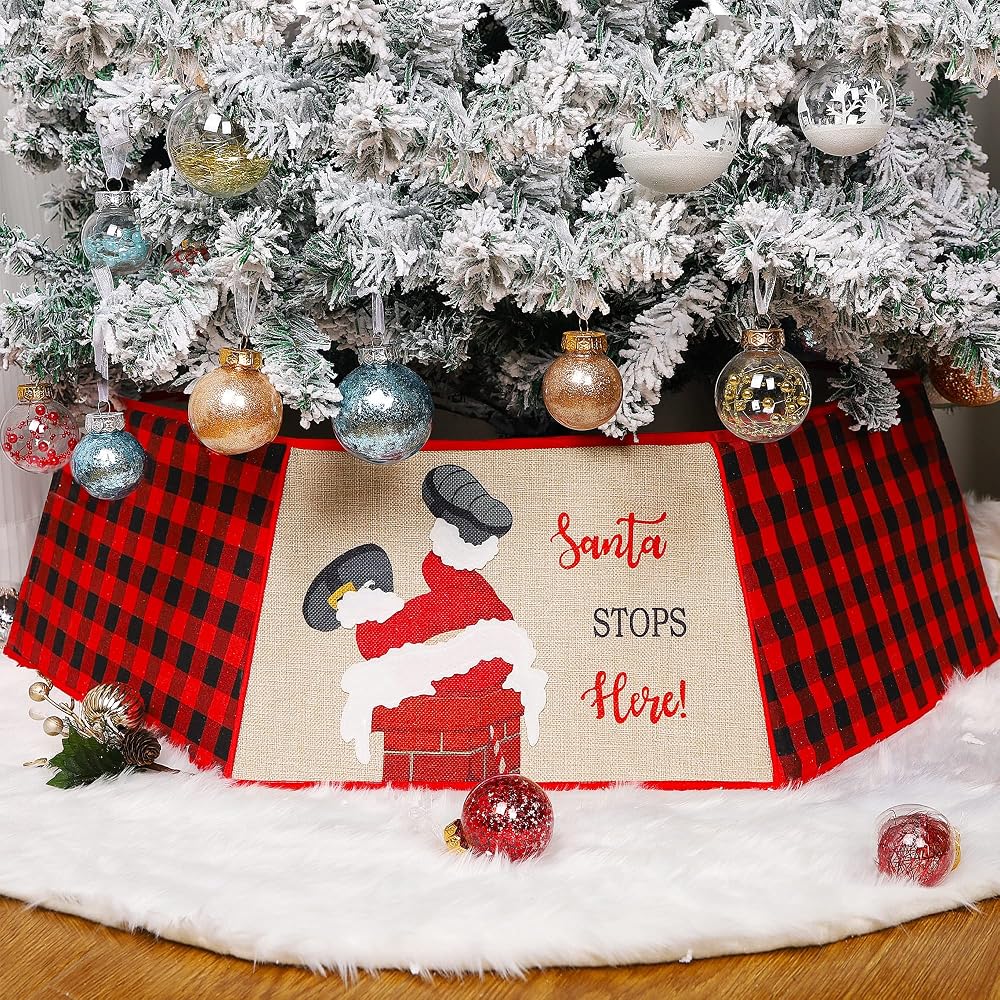 Lulu Home Christmas Tree Collar, 25 Inch - 33 Inch Foldable Hexagon Buffalo Plaid Christmas Tree Fabric Base Collar with Santa Goes Down the Chimney, Xmas Tree Bottom Stand Cover Under Tree Decoration