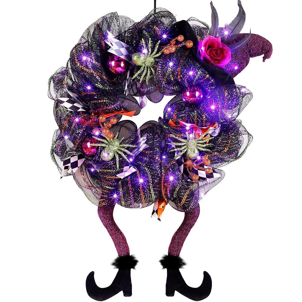 Lulu Home Halloween Front Door Wreath, Purple LED Lighted Witch Hat Wreath, Battery Operated, NOT PRELIT