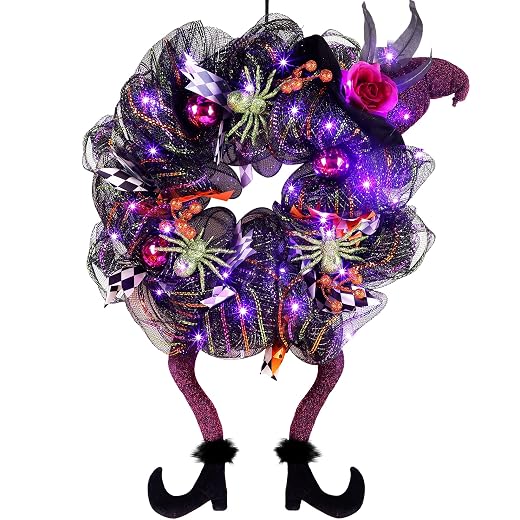 Lulu Home Halloween Front Door Wreath, Purple LED Lighted Witch Hat Wreath, Battery Operated, NOT PRELIT