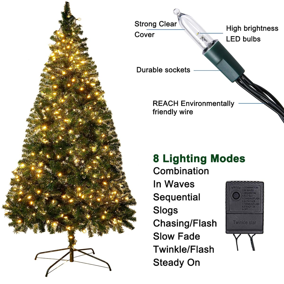 Lulu Home Christmas Tree, 7.5 Ft Artificial Christmas Tree with 600 LED String Multicolored Lights, Artificial Christmas Tree Douglas Fir with Iron Stand for Indoor Outdoor Christmas Decoration - detail image 2