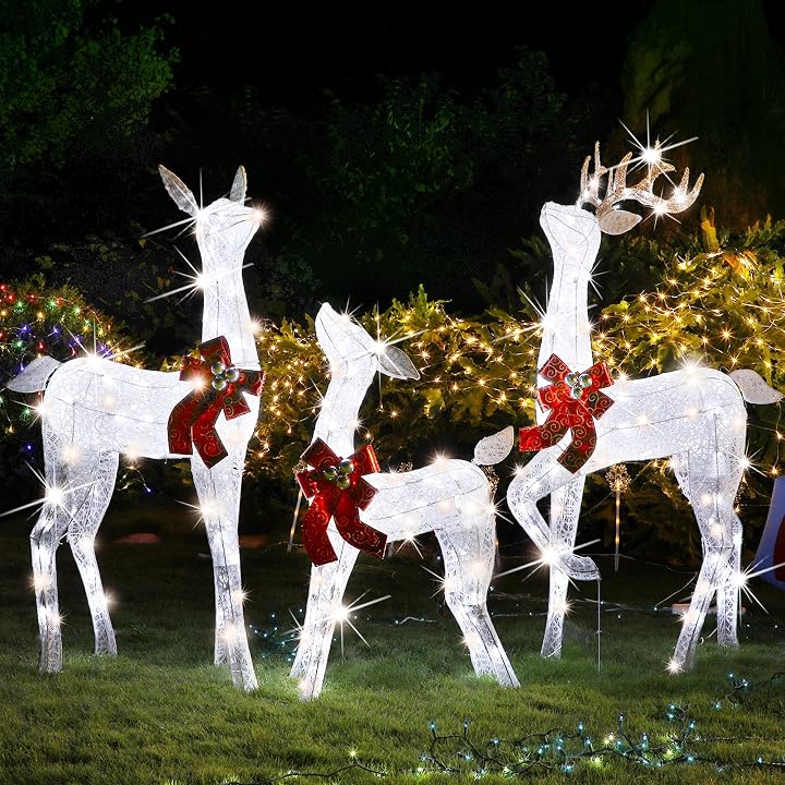 Lulu Home Christmas Yard Decoration, 3-Piece Large Pre-lit White Reindeer with 265 LEDs White Lights, 60" H 3D Light Up Glittered Standing Reindeer Family for Lighted Holiday Display Indoor Outdoor
