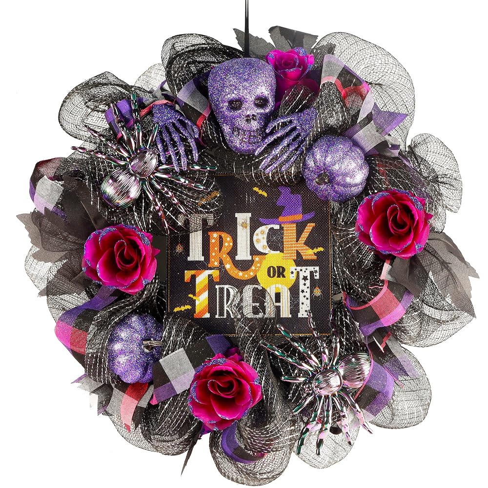 Lulu Home Halloween Wreath, 30 LED Lighted Front Door Wreath with Skull Spider Mesh Decor, Battery Operated Halloween Wired Ribbon Wreath Artificial Door Wreath Hanging Ornament, NOT PRELIT