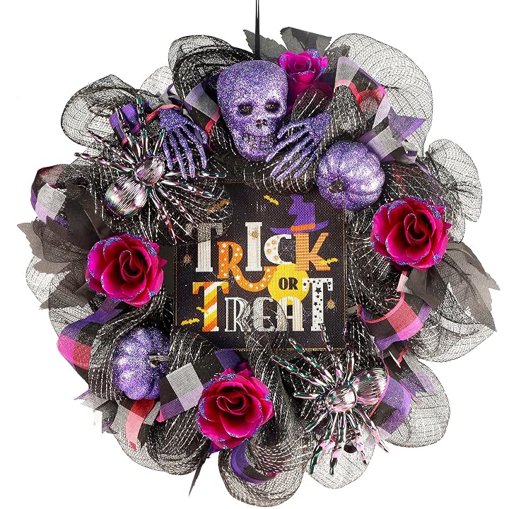 Lulu Home Halloween Wreath, 30 LED Lighted Front Door Wreath with Skull Spider Mesh Decor, Battery Operated Halloween Wired Ribbon Wreath Artificial Door Wreath Hanging Ornament, NOT PRELIT