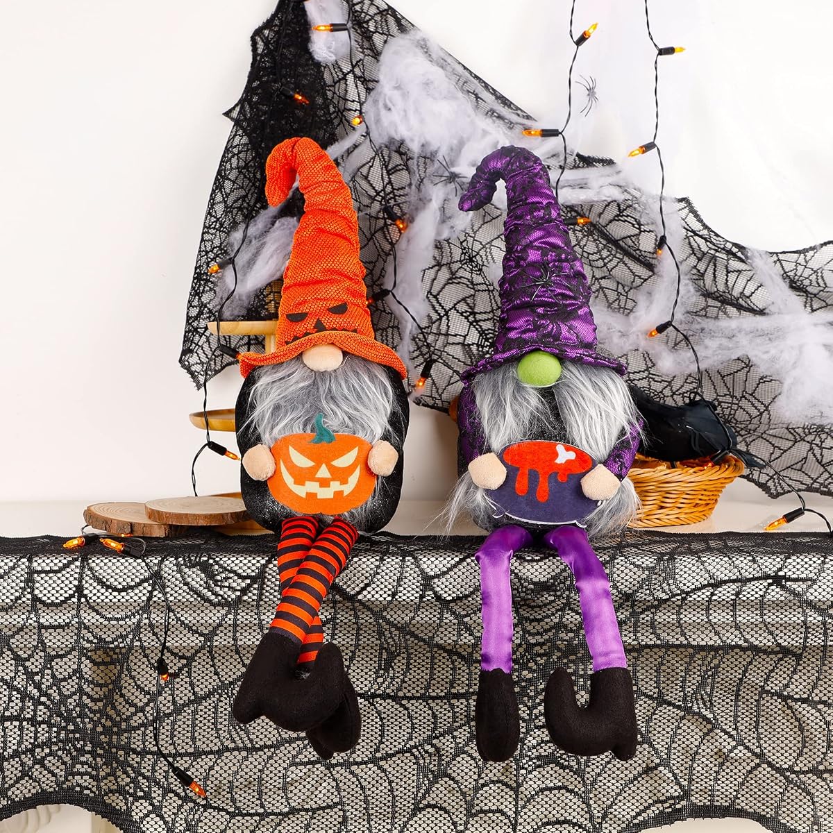 Lulu Home Halloween Gnome Decor, Set of 2 Stuffed Plush Dangle Leg Gnomes, Handmade Shelf Sitters Tomte Swedish Witch Gnome Ornaments for Halloween Home Party Decor, 28.1 x 5.9 Inch - imagen de detalle 5