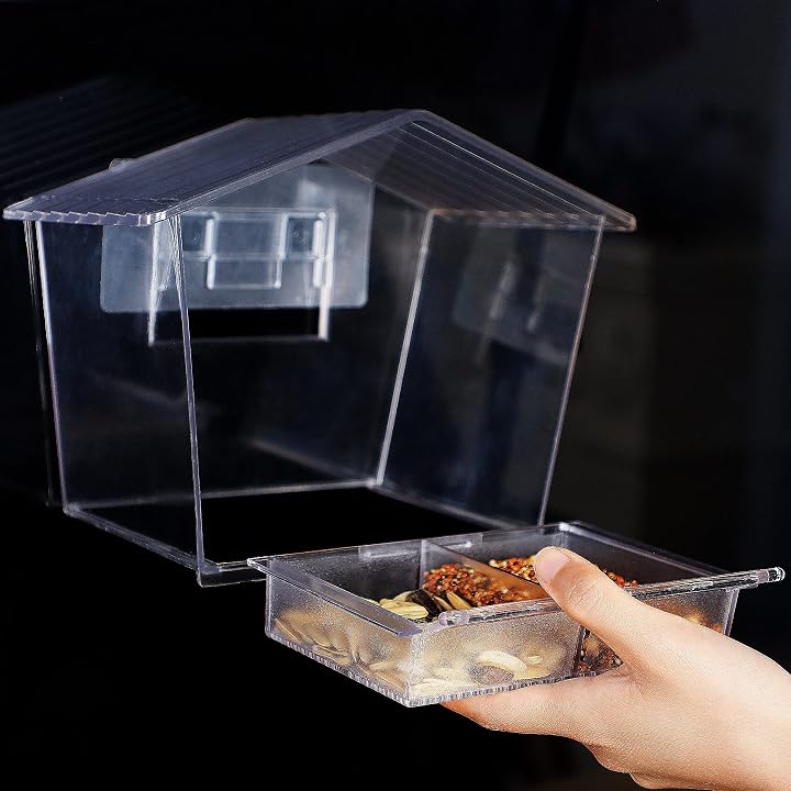 Window Bird Feeder, 10 X 7 X 5 Inch Clear Acrylic House Window Mount Bird Seed Feeder with Removable Sliding Tray and Drain Holes for Cardinal Bird Outside