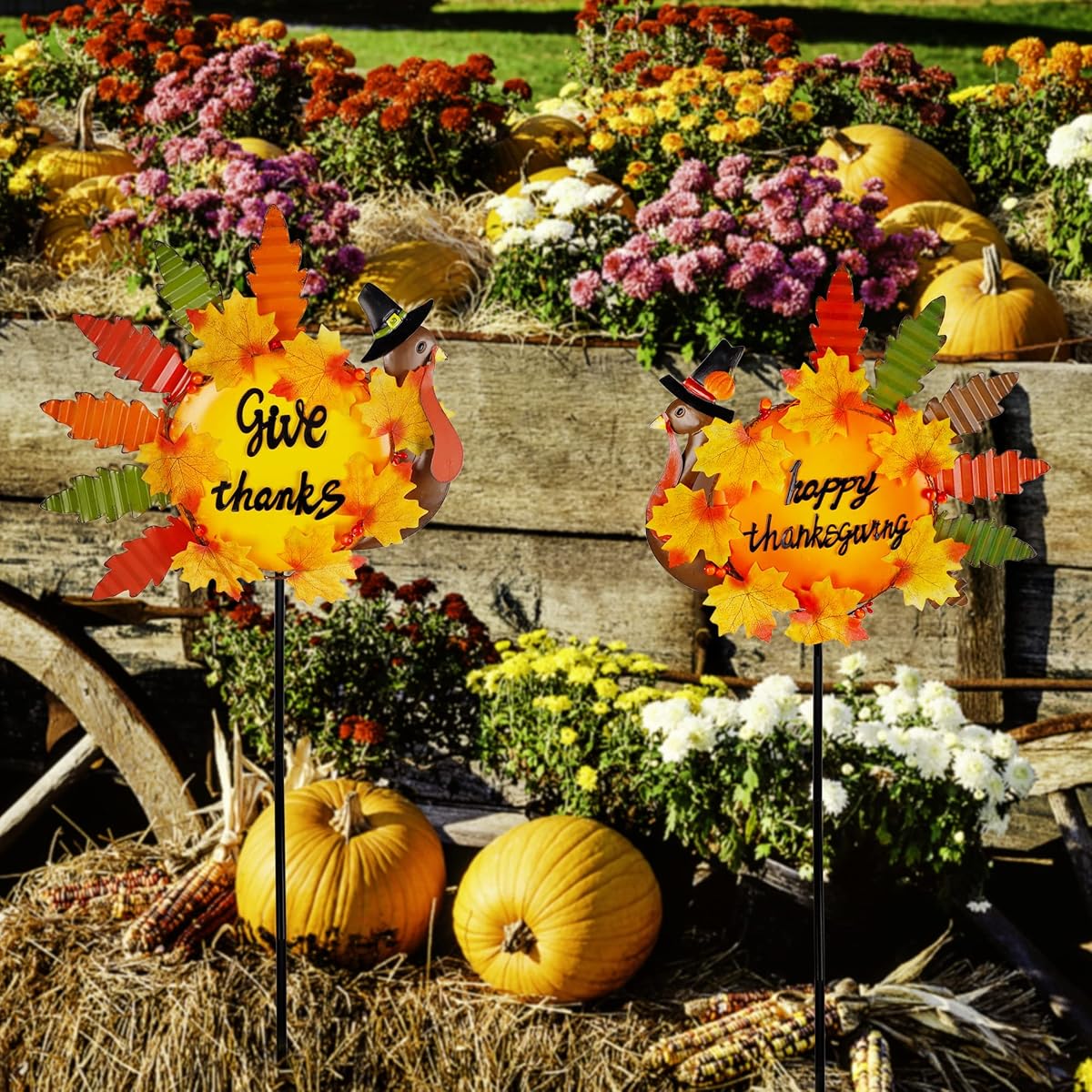 Lulu Home Thanksgiving Turkey Decors, 36" Give Thanks Metal Turkey Stakes Adorned with Maple Leaves Pumpkins, Happy Thanksgiving Autumn Fall Lawn Yard Outdoor Decorations, 2 Pack - 细节图 2
