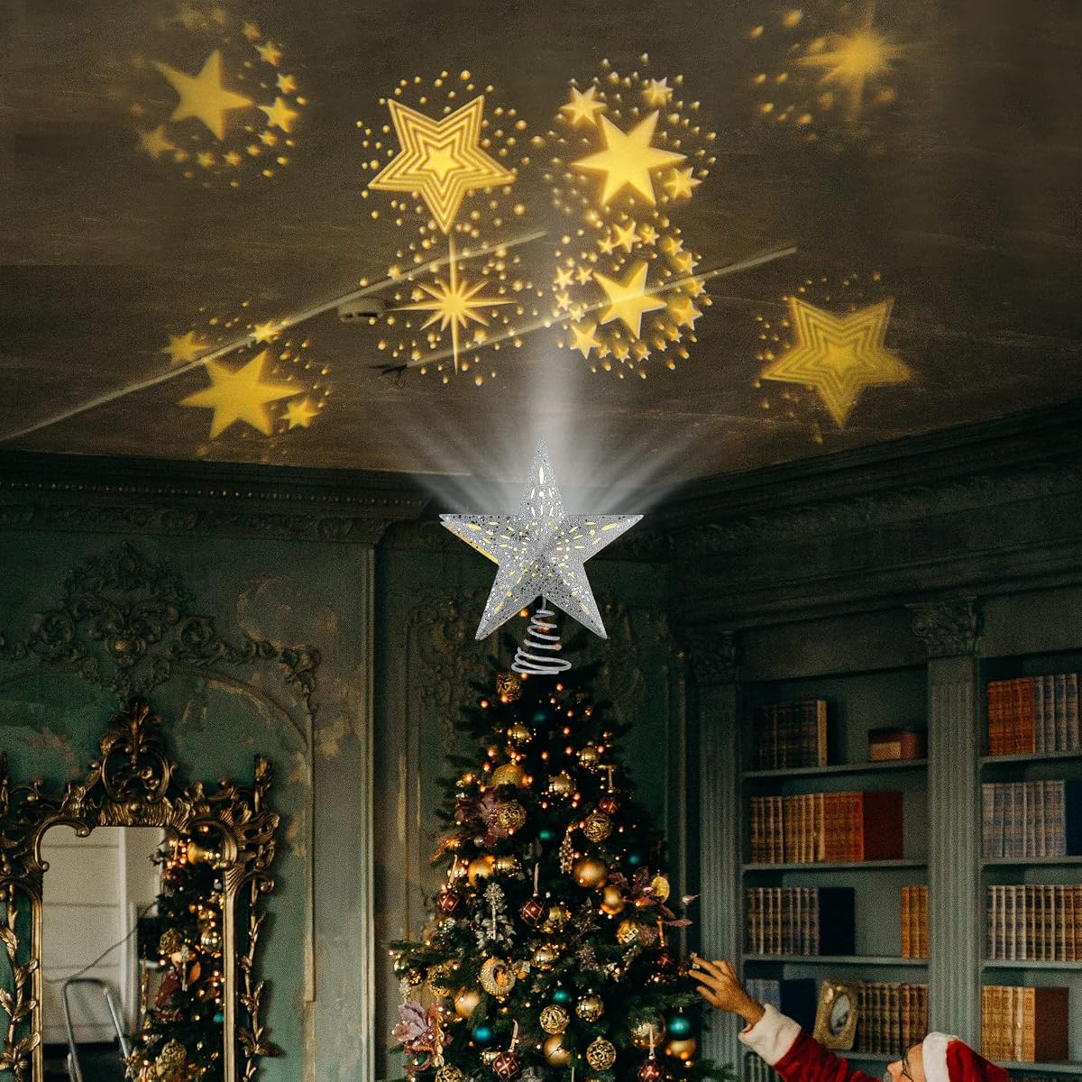 Lulu Home Christmas Tree Topper with Projector, 3D Hollow Glittered Metal Tree Topper with Rotating Star Projection, Plug-In Led Lighted Xmas Tree Star Topper for Christmas Decoration, 12 Inch, Silver - imagem de detalhe 4