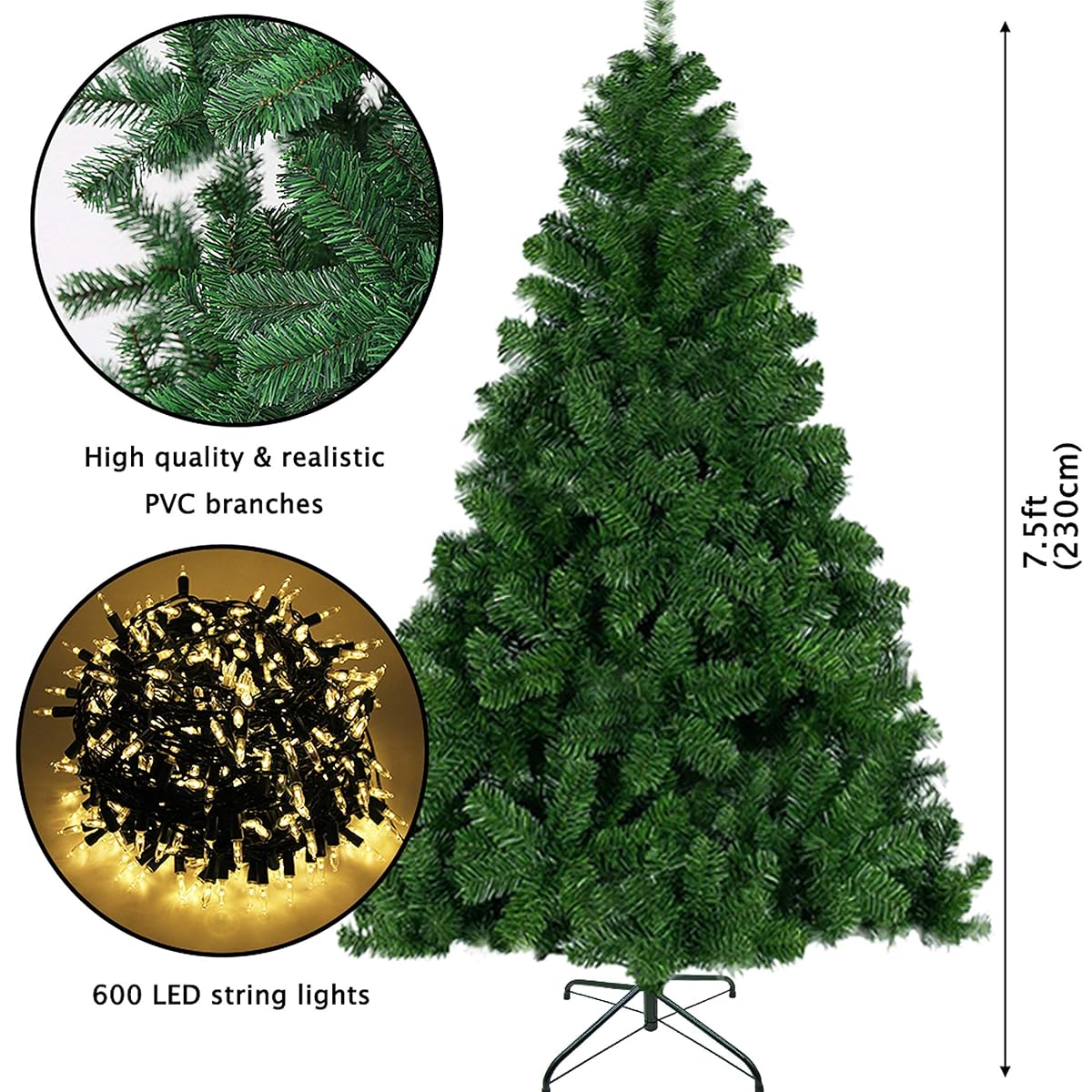 Lulu Home Christmas Tree, 7.5 Ft Artificial Christmas Tree with 600 LED String Multicolored Lights, Artificial Christmas Tree Douglas Fir with Iron Stand for Indoor Outdoor Christmas Decoration - detail image 1