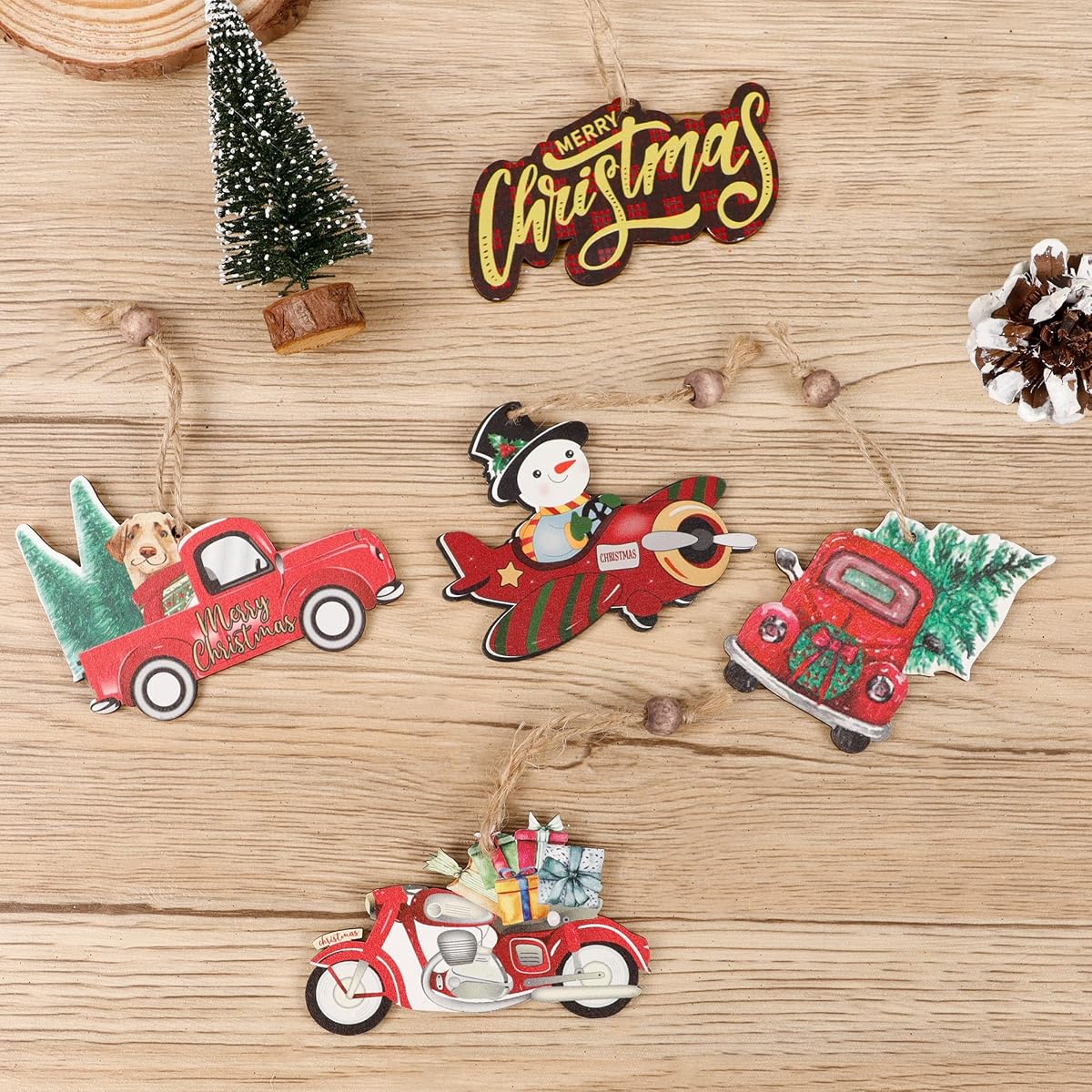 Lulu Home Christmas Hanging Ornaments, 12 Pcs Wooden One-side Printed Christmas Hanging Decorations, Red Truck Snowman Joy Hanging ornaments for Xmas tree Gift DIY Crafts - imagem de detalhe 2