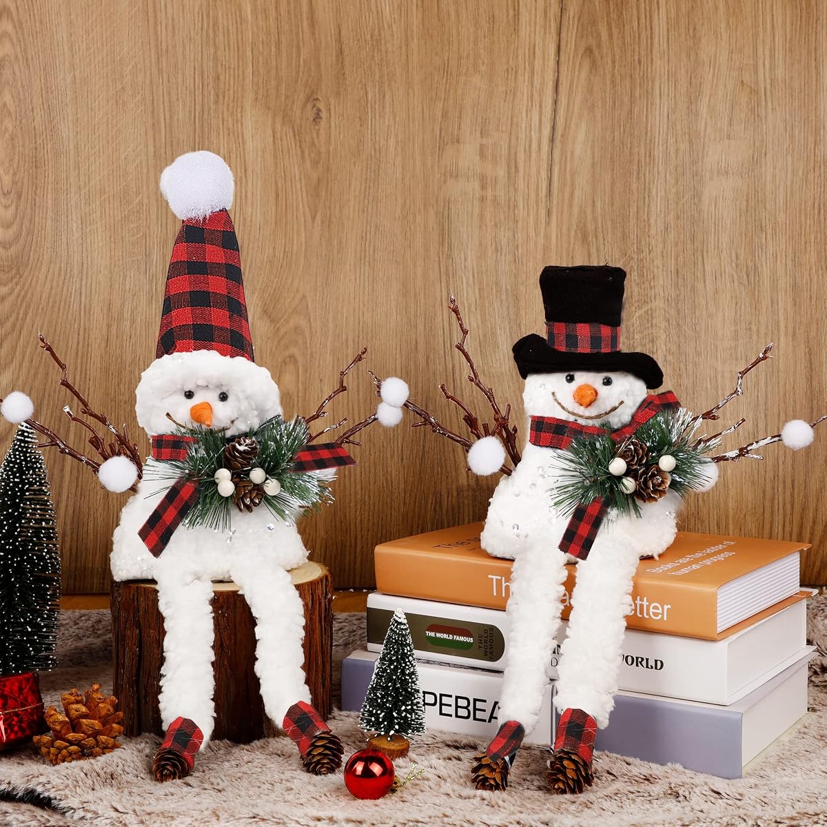 Lulu Home Set of 2 Christmas Snowman Ornaments for Table Mantel Desk Fireplace Home Holiday Decor (Red and Black) - imagen de detalle 6
