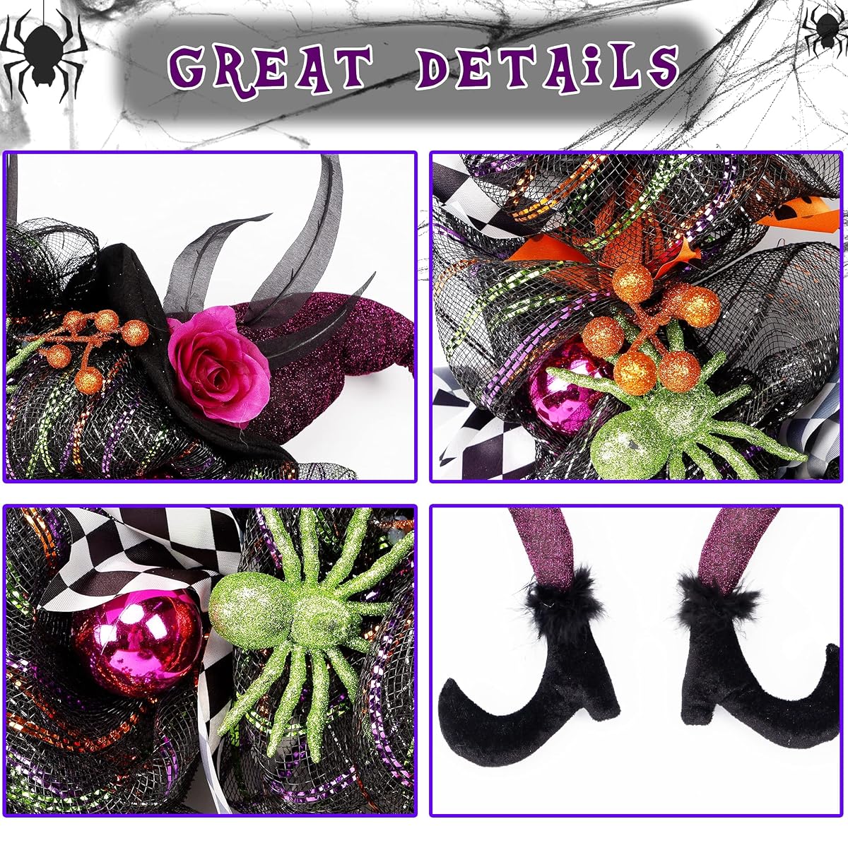 Lulu Home Halloween Front Door Wreath, Purple LED Lighted Witch Hat Wreath, Battery Operated, NOT PRELIT - imagem de detalhe 3
