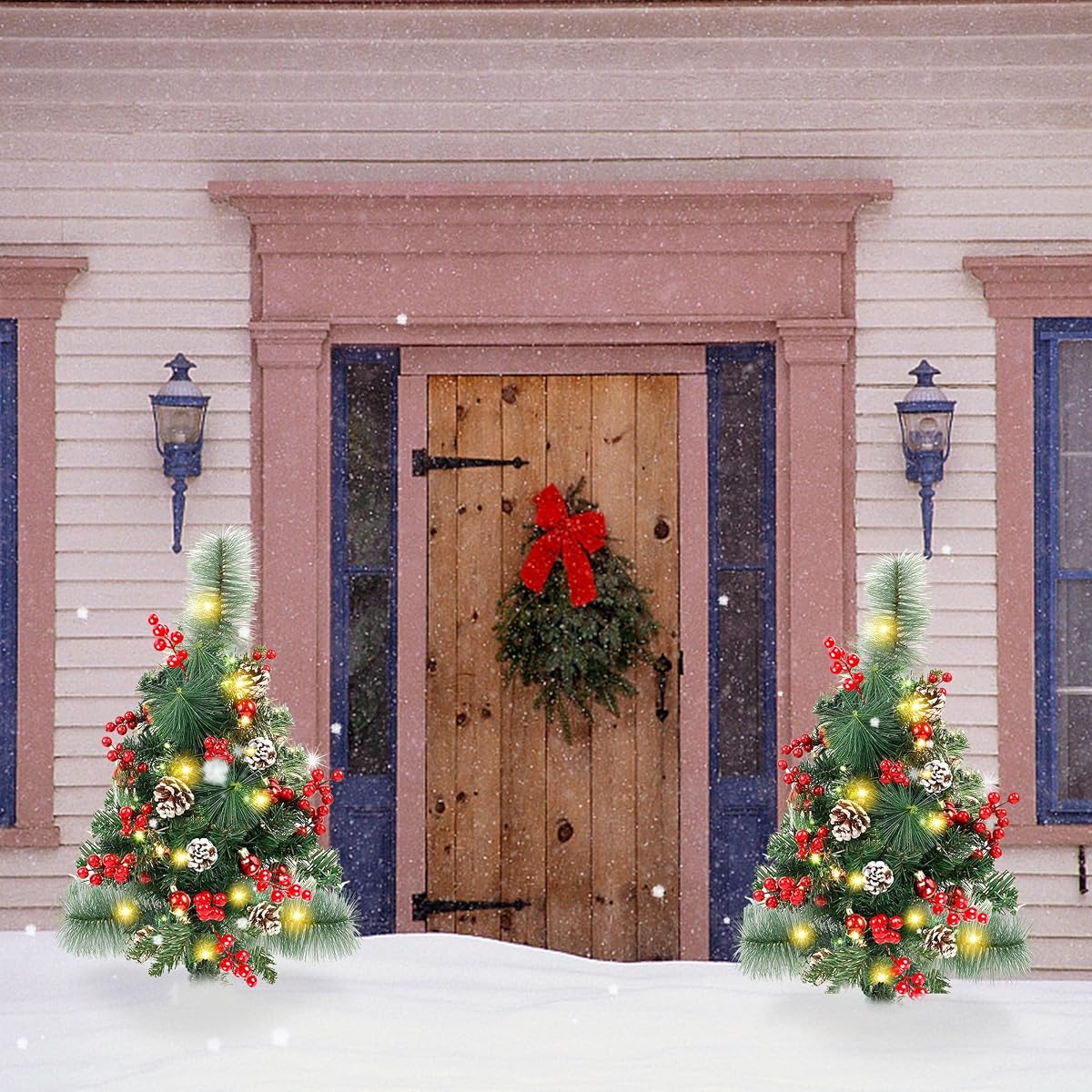 Lulu Home 2 Packs Pre-Lit Christmas Trees with Stake, 2.5FT H 60 LED Lighted Small Xmas Urn Planter Filler with Red Berries Red Balls Pine Cones Lights for Pathway Yard Garden Outdoor Decorations - detail image 4