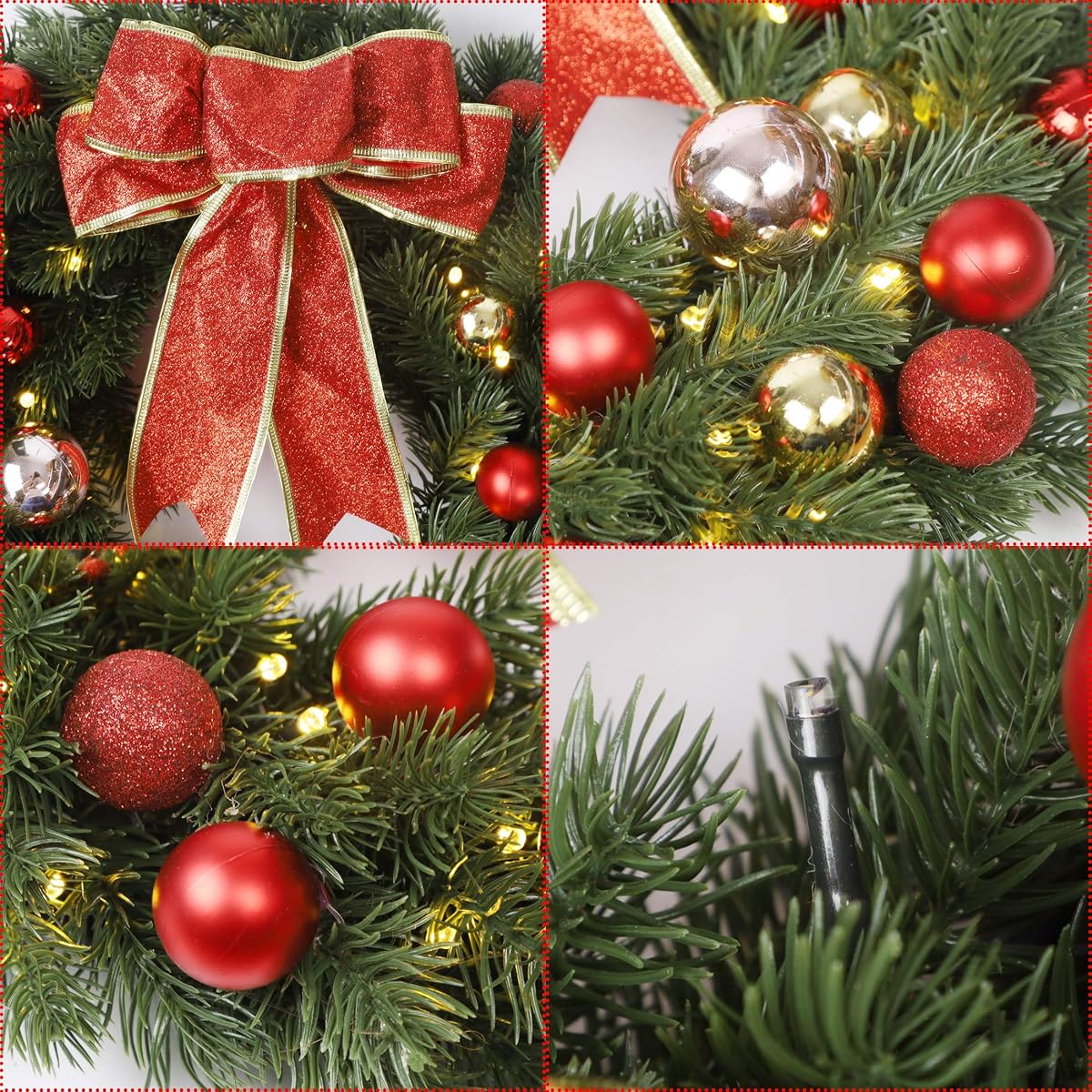 Lulu Home 16 Inch Pre-lit Christmas Wreath with Hook, Battery Operated Christmas Wreath Decorative Christmas Balls Hanging Ornament, Artificial Door Wreath 40 Clear LED Lights - imagem de detalhe 5