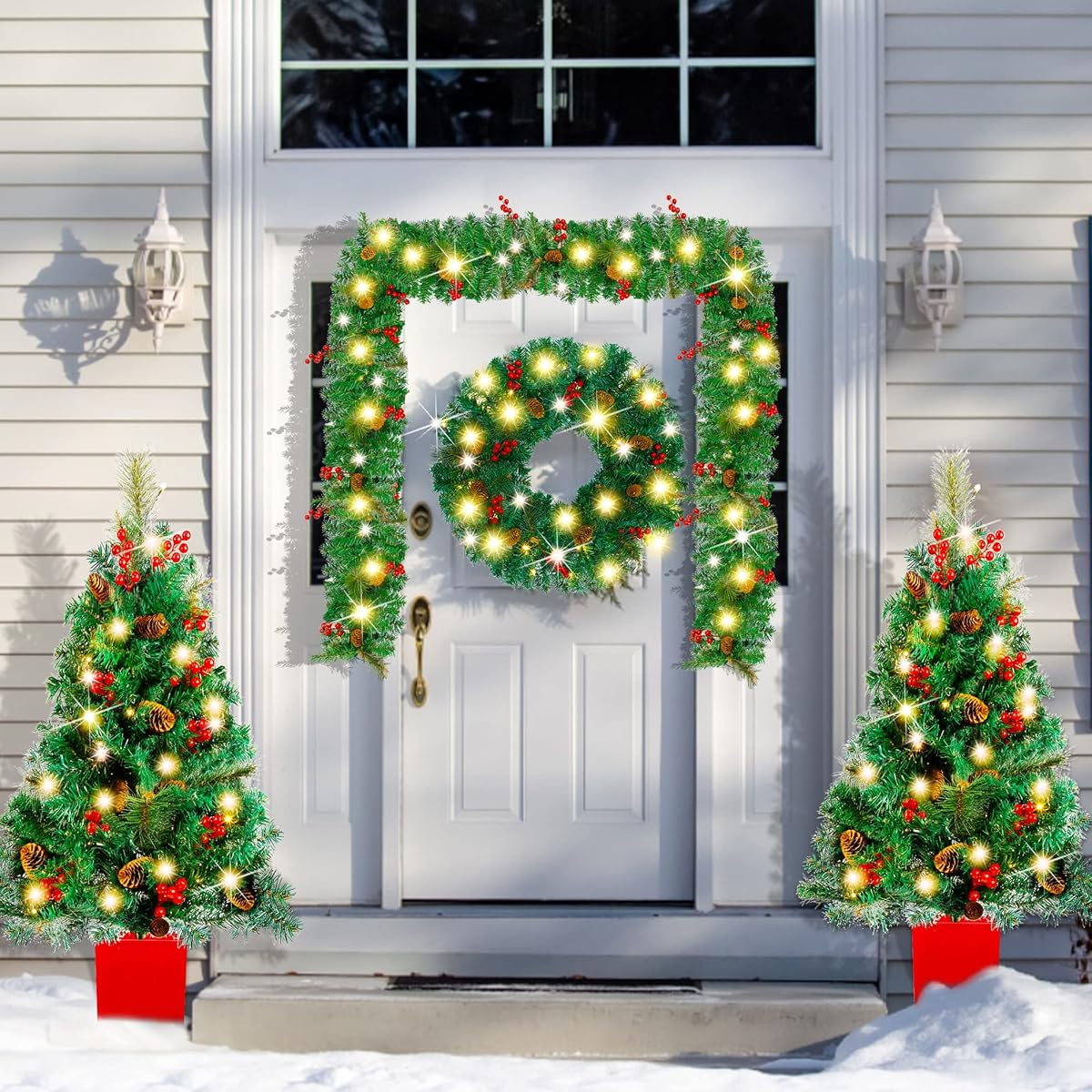 Lulu Home 4 Piece Christmas Decorations, Pre-Lit 2 Pack 3' Christmas Tree 24" Wreath and 8.9' Garland, Artificial Christmas Decorative Set for Indoor Outdoor Xmas Decoration - imagem de detalhe 1