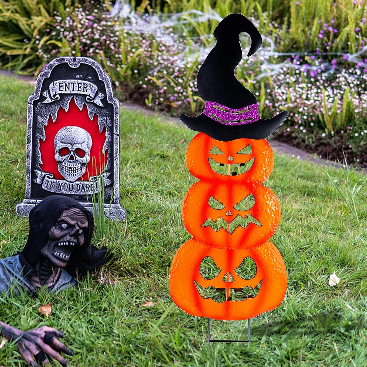 Lulu Home Halloween Yard Stake, 42" Metal Stacked Jack-O-Lanterns with Witch Hat, Halloween Pumpkin Yard Sign Stakes for Outdoor Front Yard Lawn Garden Decorations - imagem de detalhe 2