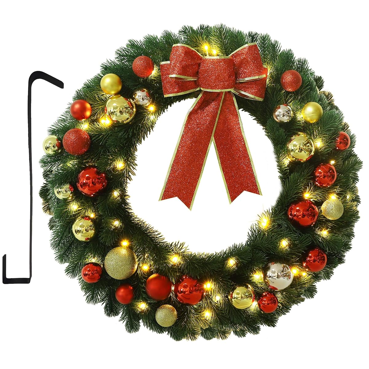 Lulu Home 24 Inch Pre-lit Christmas Wreath with Hook, Battery Operated Christmas Wreath Decorative Christmas Balls Hanging Ornament, Artificial Door Wreath 60 Clear LED Lights with Timer - detail image 5