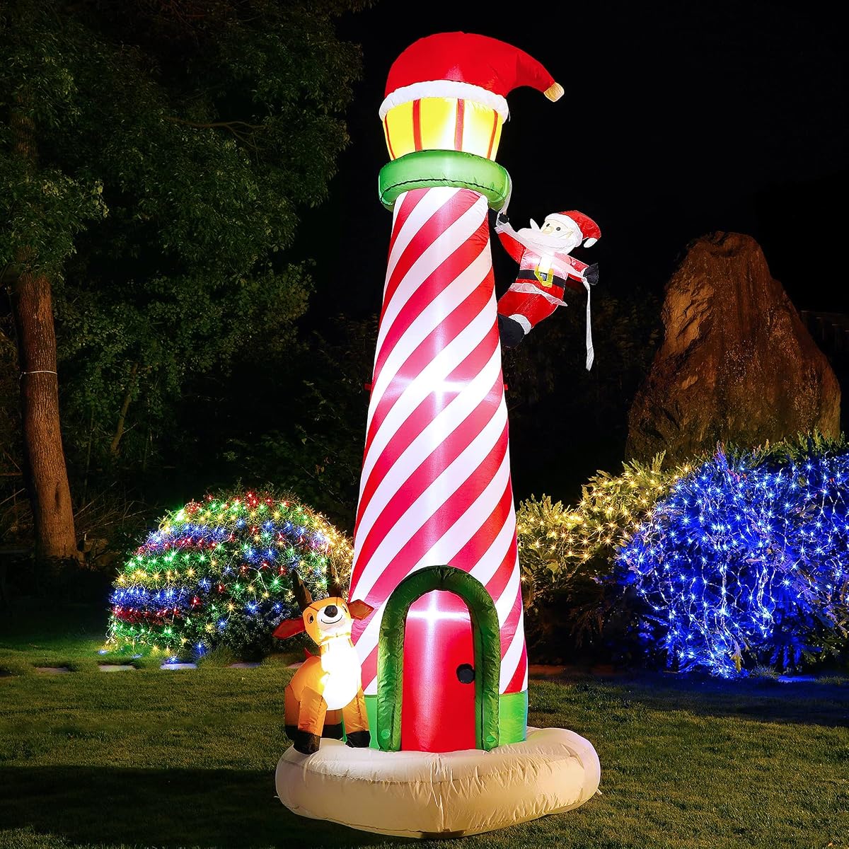 Lulu Home 9.8FT Christmas Inflatable Decorations, Giant Blow Up Lighthouse with Santa and Reindeer, Xmas Lighted Blowups with Drawstring Bags for Winter Yard Lawn Garden Outdoor Decor - imagen de detalle 3