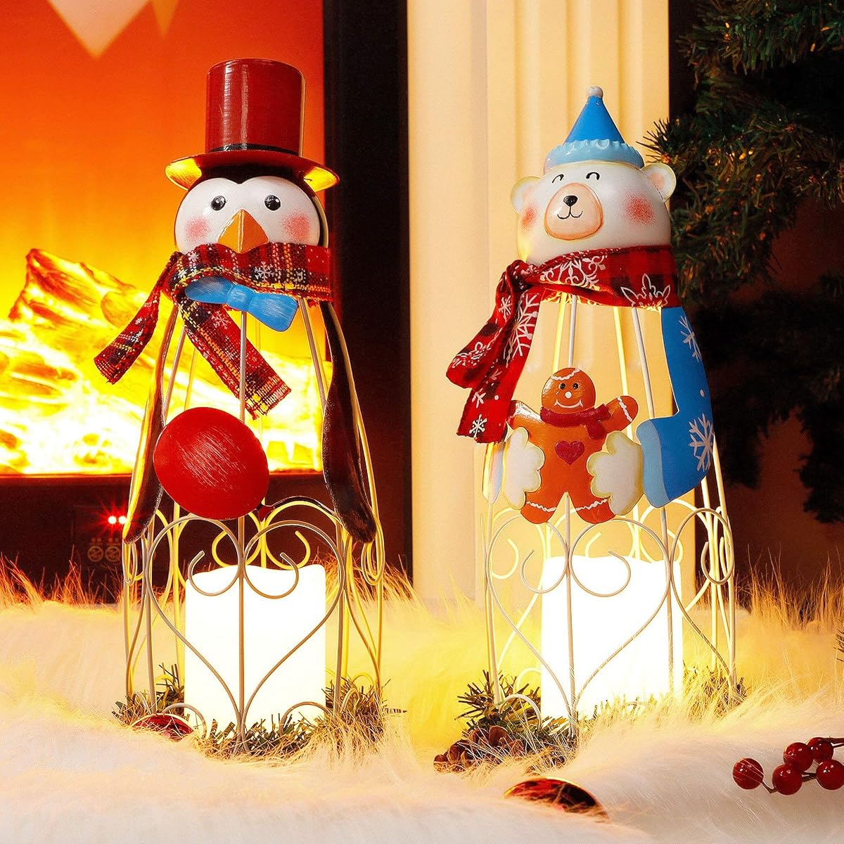 Lulu Home Christmas LED Candle Lanterns, 2 Pack 14.6 Inch Penguin Polar Bear with Battery Operated Candle Lights, Light Up Christmas Tabletop Decorations - imagen de detalle 2