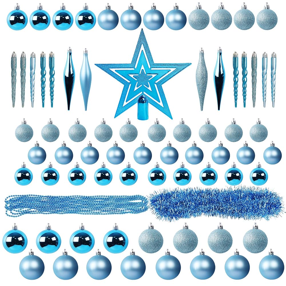 Lulu Home Assorted Christmas Tree Ornaments Set, 75 Pieces Blue Shatterproof Balls Xmas Seasonal Decorations for Easter Decoration, Pre-Strung