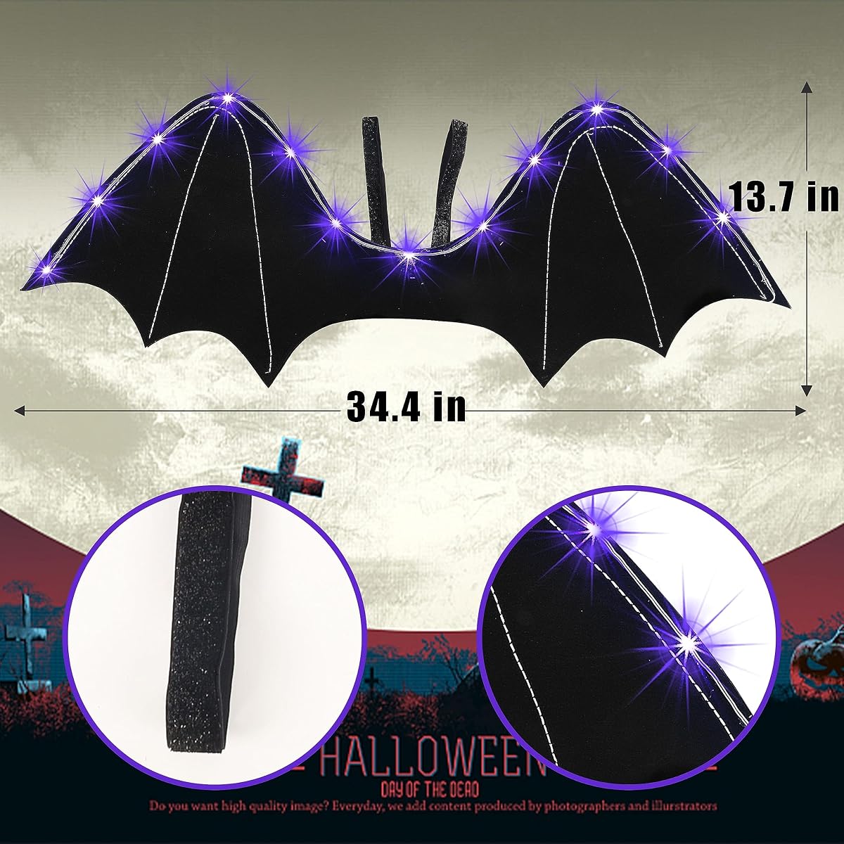 Lulu Home Bat Wings for Adults, Black Wings for Halloween Costume Vampire Witch Dress Up Role Play Props Party Decor (Lighted Wings for Adult) - imagen de detalle 1