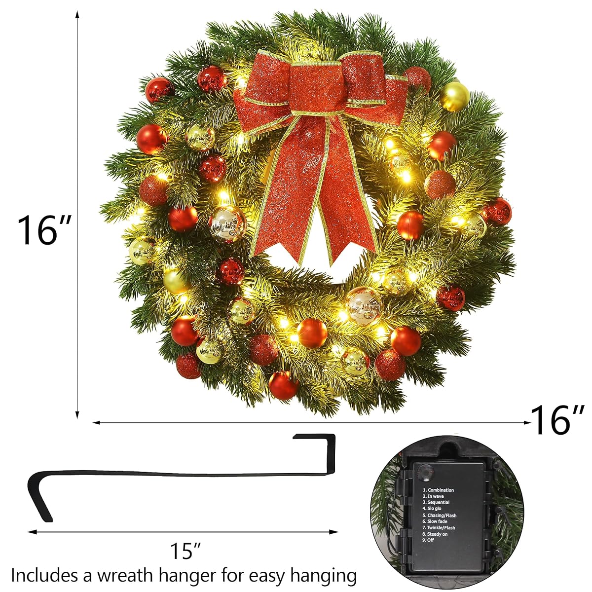 Lulu Home 16 Inch Pre-lit Christmas Wreath with Hook, Battery Operated Christmas Wreath Decorative Christmas Balls Hanging Ornament, Artificial Door Wreath 40 Clear LED Lights - imagem de detalhe 1