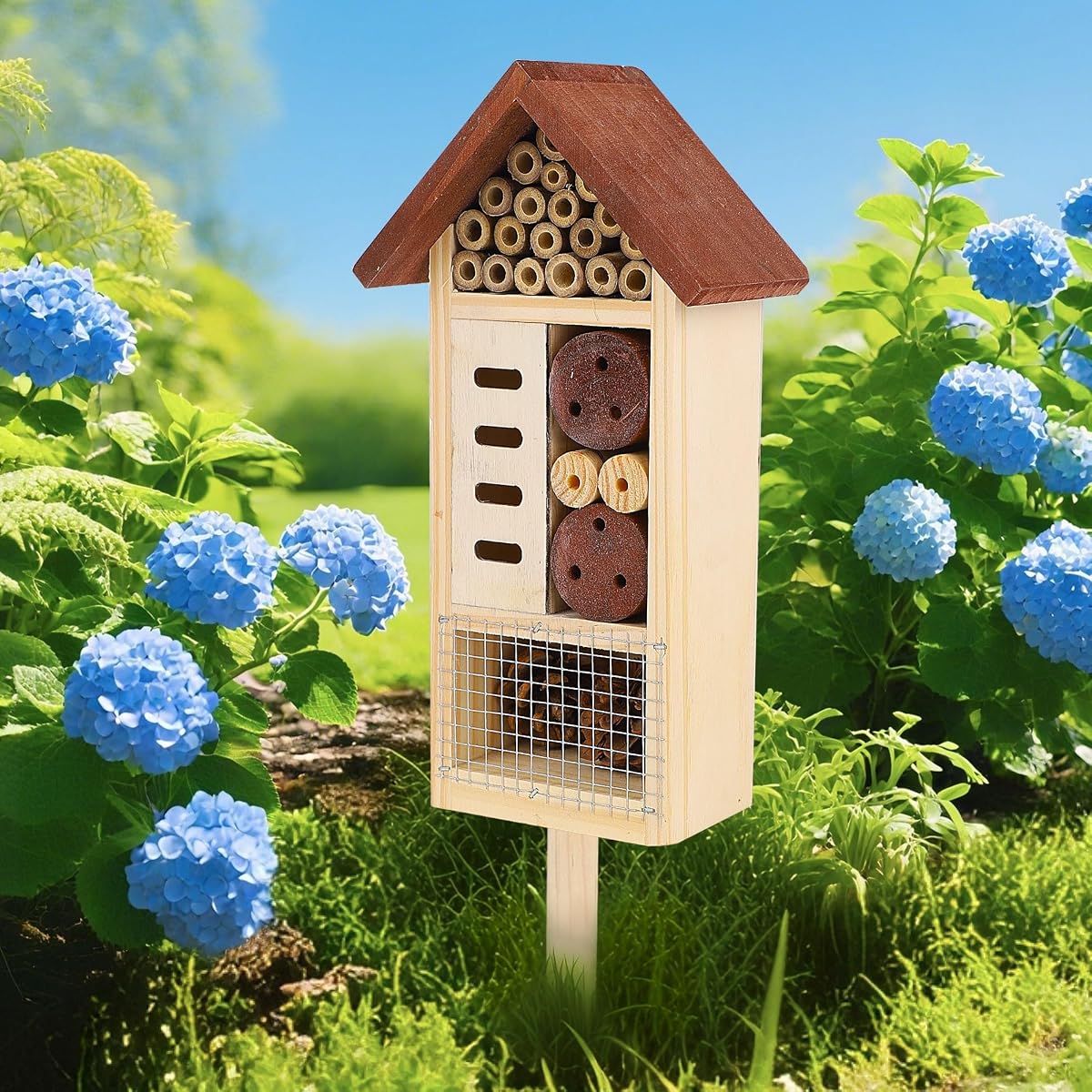 Lulu Home Wooden Insect House with Stake, Hanging & Inserting Two Mount Ways Insect Hotel for Bee, Butterfly, Ladybirds, Beneficial Insect Habitat, Bug Hotel Garden, 19.7 X 3.4 X 5.4 Inch - imagen de detalle 5