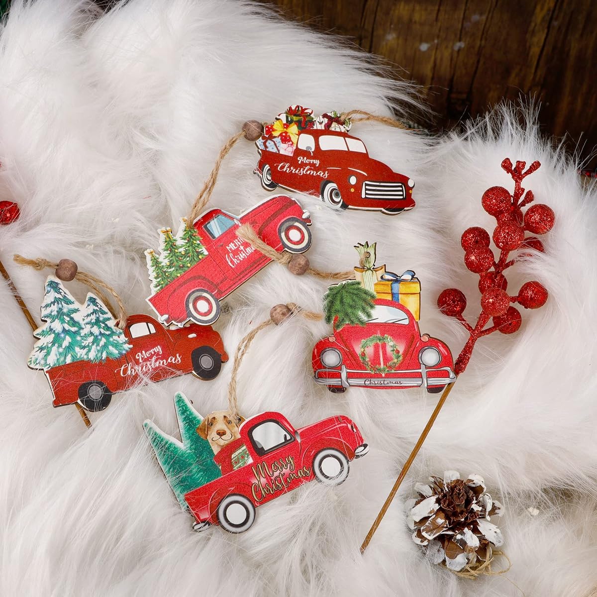 Lulu Home Christmas Hanging Ornaments, 12 Pcs Wooden One-side Printed Christmas Hanging Decorations, Red Truck Snowman Joy Hanging ornaments for Xmas tree Gift DIY Crafts - imagem de detalhe 3
