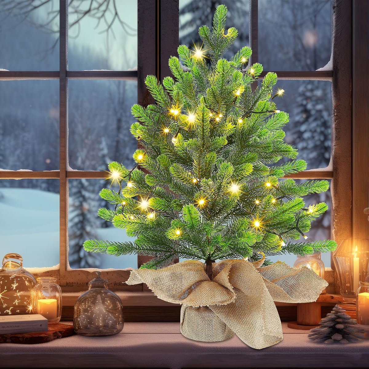 Lulu Home 2 FT Pre-lit Artificial Mini Christmas Tree, 24 Inch Tabletop Battery Operated Norfolk Pine Tree with 50 LED Lights and Burlap Wrap Base for Christmas, Spring Decor (1) - imagem de detalhe 3