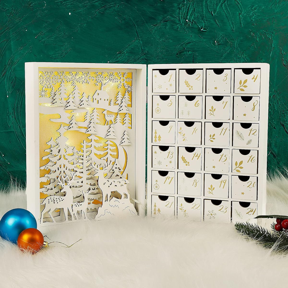 Lulu Home Christmas Wooden Advent Calendar with Drawers, LED Light Up Reusable Advent Book 24 Days Countdown to Christmas, Large Fill Your Own Advent Box Christmas Table Top Decorations - 细节图 6