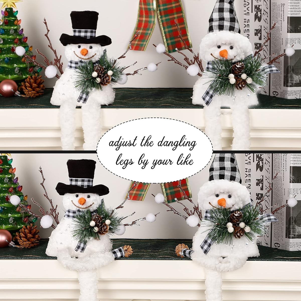 Lulu Home Christmas Snowman Decorations, Set of 2 Plush Shelf Sitters with Dangling Legs, Buffalo Checked Christmas Snowman Ornaments for Table Mantel Desk Fireplace Home Holiday Decor - detail image 4