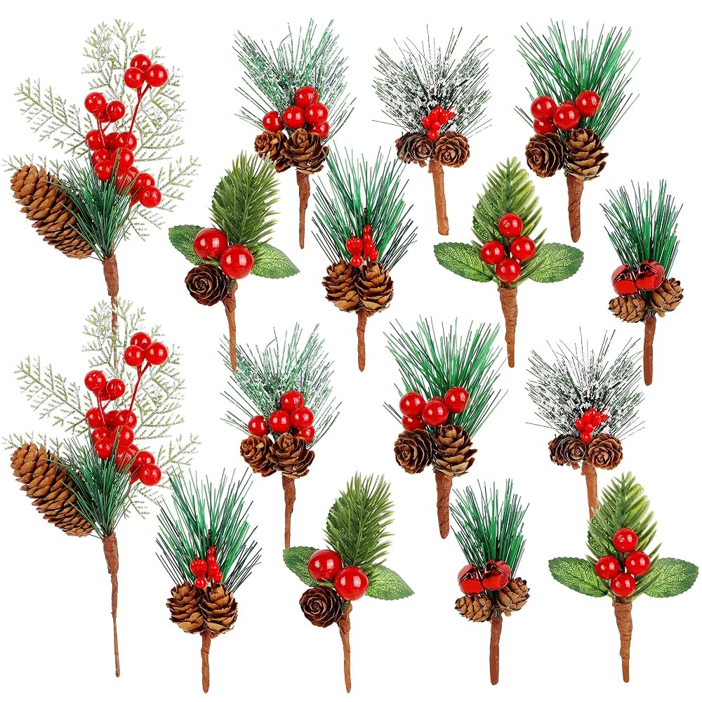 Lulu Home 16 Pieces Christmas Picks, Artificial Pine Branches with Pine Cones and Red Berries for Xmas Tree Wreath Garland Gifts DIY Crafts Decorations, 14 Small + 2 Large