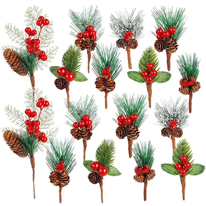 Lulu Home 16 Pieces Christmas Picks, Artificial Pine Branches with Pine Cones and Red Berries for Xmas Tree Wreath Garland Gifts DIY Crafts Decorations, 14 Small + 2 Large