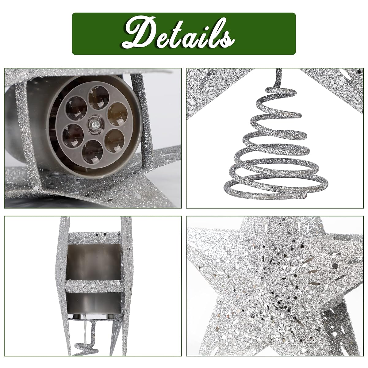 Lulu Home Christmas Tree Topper with Projector, 3D Hollow Glittered Metal Tree Topper with Rotating Star Projection, Plug-In Led Lighted Xmas Tree Star Topper for Christmas Decoration, 12 Inch, Silver - imagem de detalhe 5