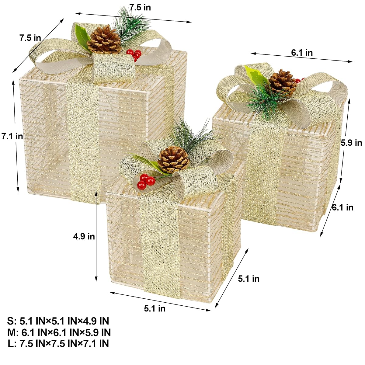 Lulu Home Set of 3 Lighted Christmas Boxes, 60 LEDs Light Up Ornaments with Bowknots, Plug-in Xmas Boxes for Christmas Trees Holiday Party Indoor Outdoor Decorations - detail image 1