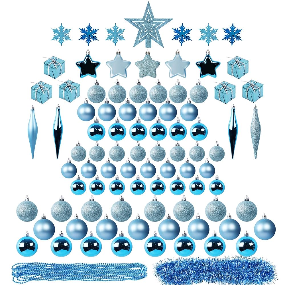 Lulu Home Assorted Christmas Tree Ornaments Set, 90 Pieces Including Balls Shuttle Five-Pointed Star Snowflakes Tree Top Star Mini Gift Boxes Tinsel Garland Bead Chain, Pre-Strung