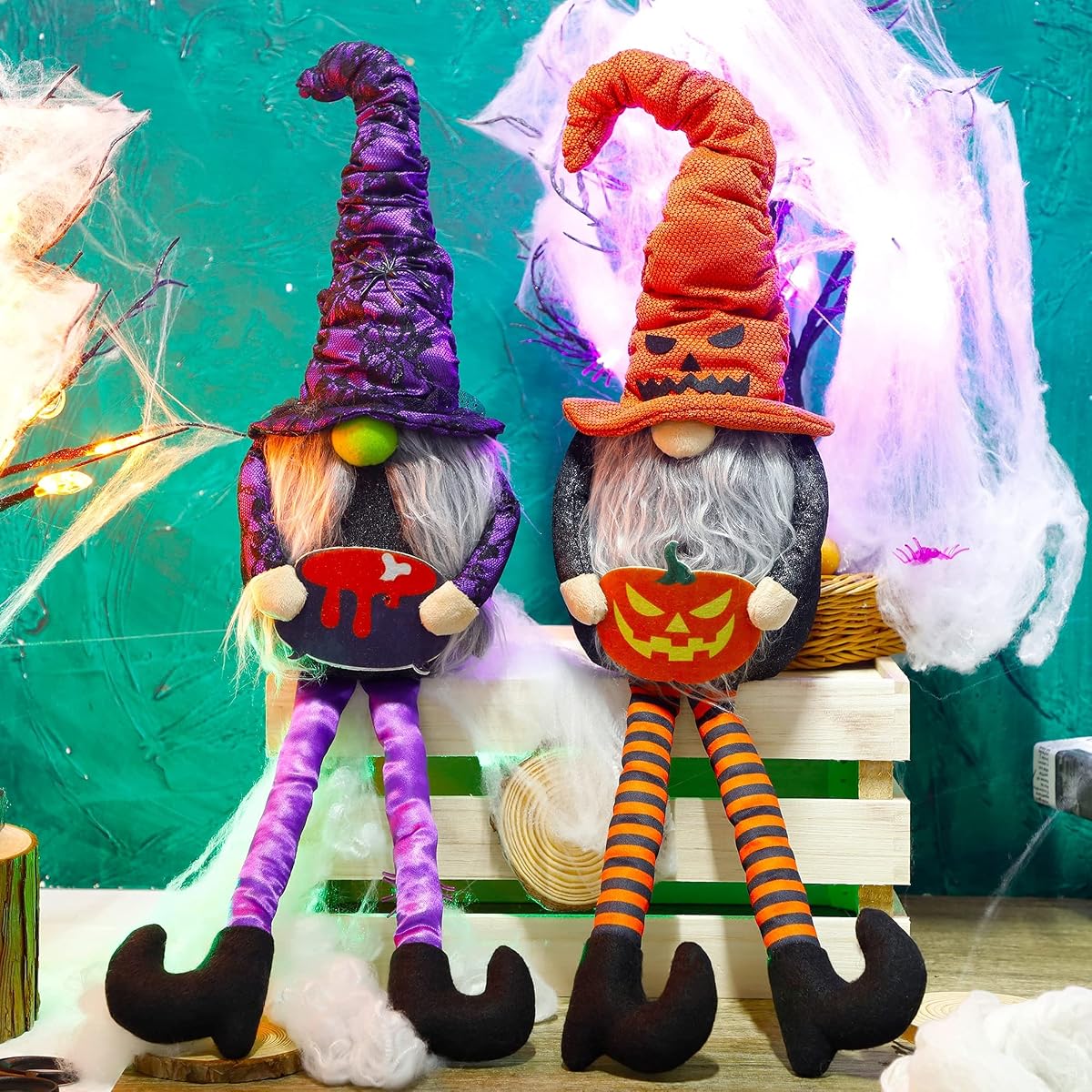 Lulu Home Halloween Gnome Decor, Set of 2 Stuffed Plush Dangle Leg Gnomes, Handmade Shelf Sitters Tomte Swedish Witch Gnome Ornaments for Halloween Home Party Decor, 28.1 x 5.9 Inch - imagen de detalle 2