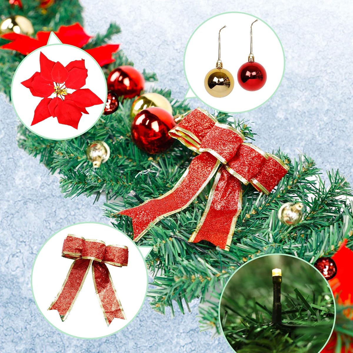 Lulu Home Christmas Garland, 9FT Pre-lit 40 LED Christmas Garland with 24 Xmas Balls, Battery Operated Christmas Lighted Poinsettia Garland Indoor Outdoor for Fireplace, Staircase, Railing Decoration - imagem de detalhe 6