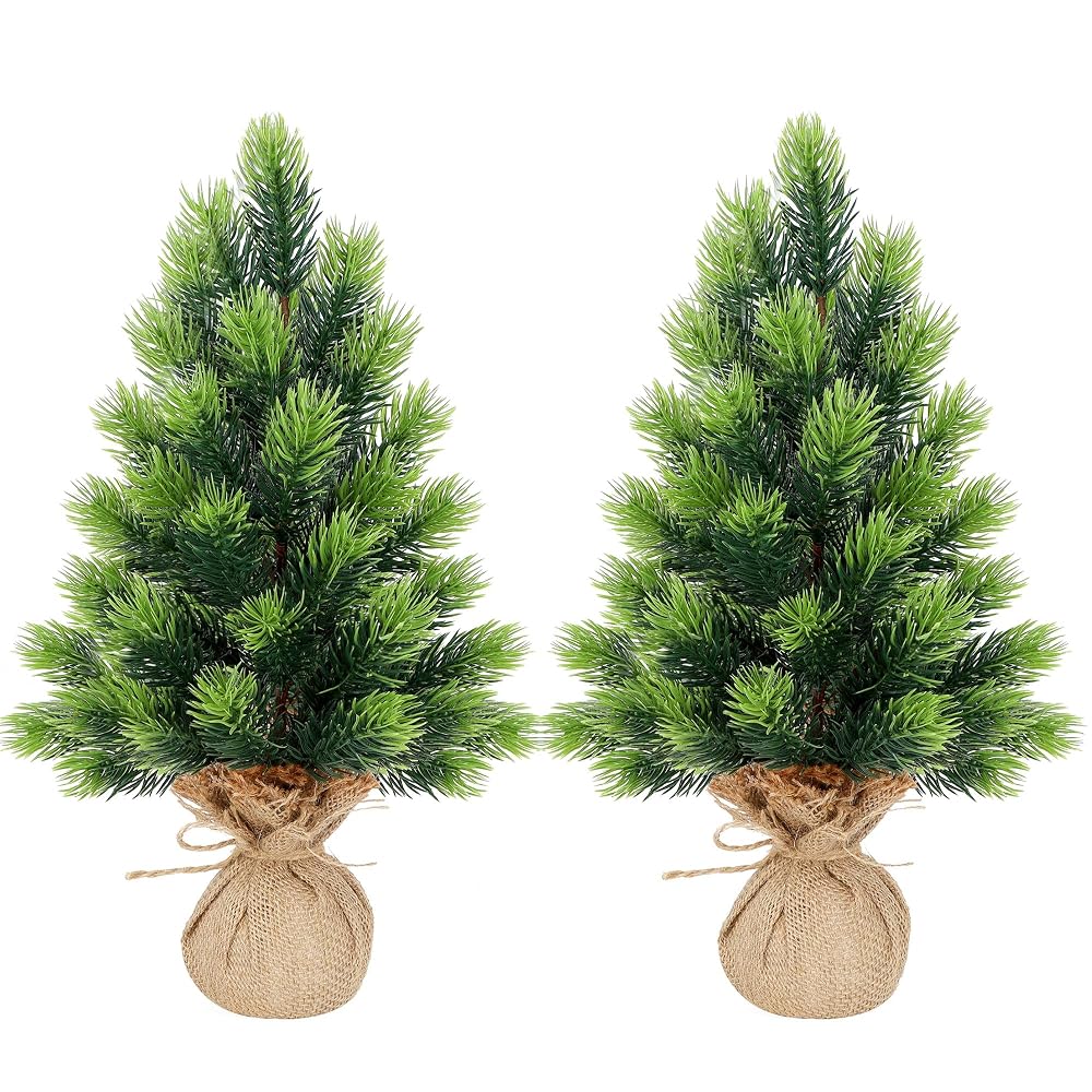 Lulu Home 2 Packs 16.5 Inch Artificial Mini Christmas Tree, Small Tabletop Desktop Xmas Tree with Burlap Base, Realistic Pine for Home Office Party Festival Decorations