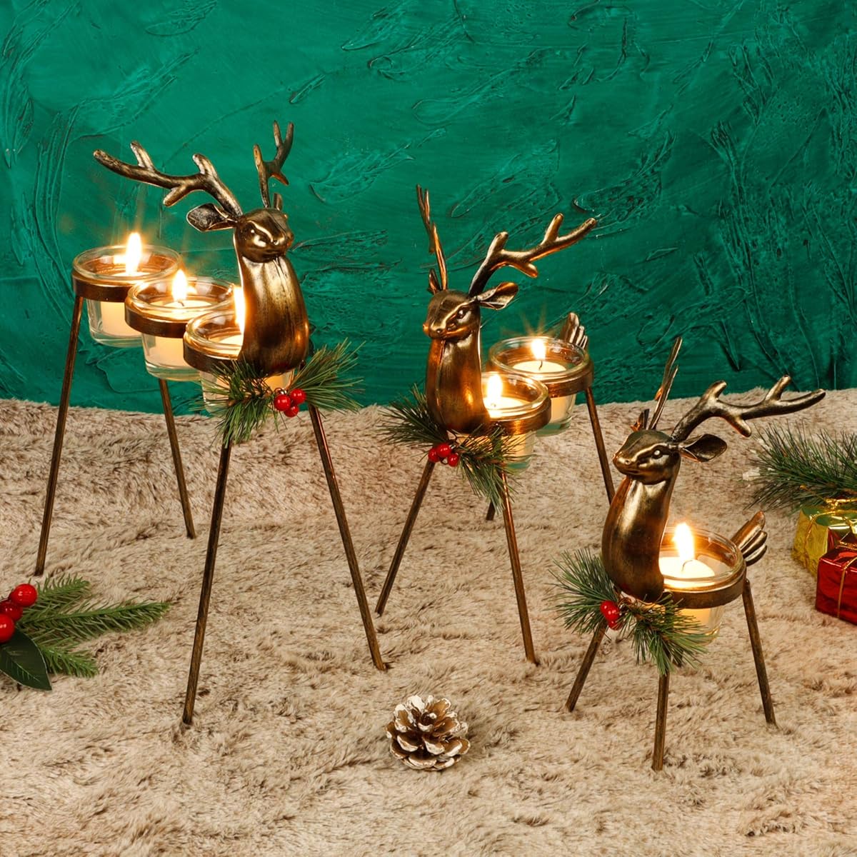 Lulu Home Set of 3 Metal Reindeer Tea Light Candle Holders, Christmas Candle Holders with 3 Sizes - 11.8" H, 10" H, 8.5" H, Christmas Reindeer Table Decoration for Holiday, Wedding, Housewarming - detail image 4