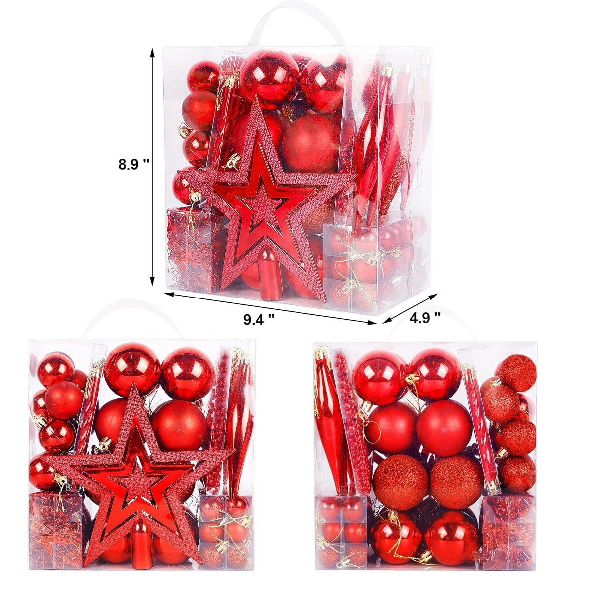 Lulu Home Christmas Assorted Ball Ornament, 75 Pieces Red Shatterproof Balls Xmas Seasonal Decorations for Xmas, Pre-Strung - detail image 1