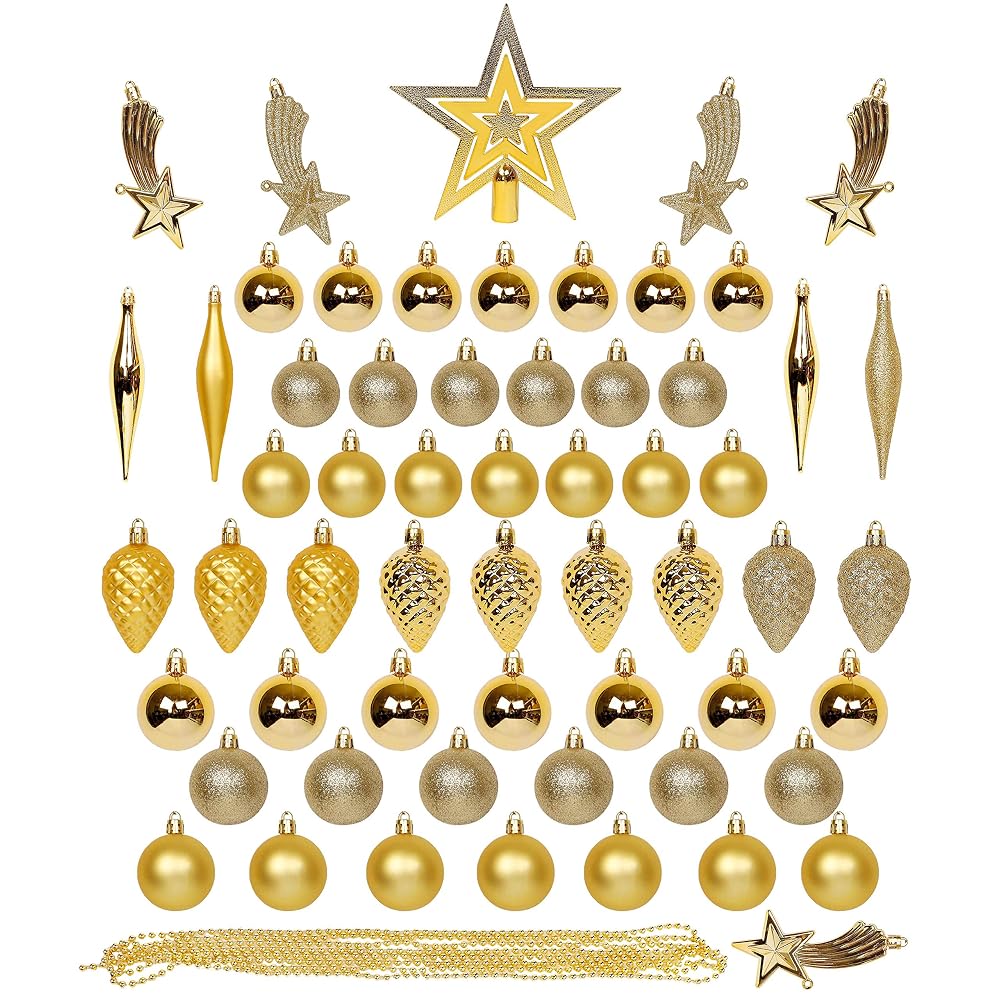 Lulu Home Assorted Christmas Tree Ornaments Set, 60 Pieces Golden Shatterproof Balls Xmas Seasonal Decorations for Easter Decoration, Pre-Strung