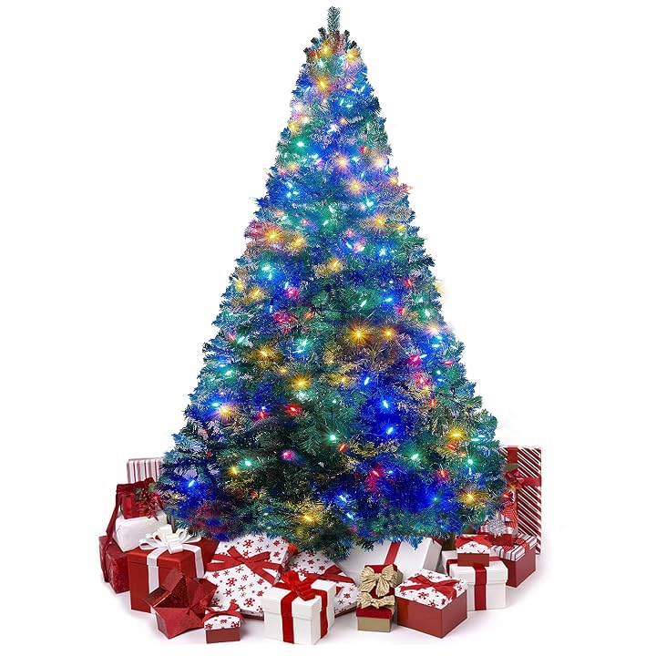 Lulu Home 6 Ft Artificial Christmas Tree with 300 LED Multi-Colored String Lights (Not Pre-Strung) and 850 Branch Tips, 8 Lighting Modes Artificial Christmas Tree with Iron Stand