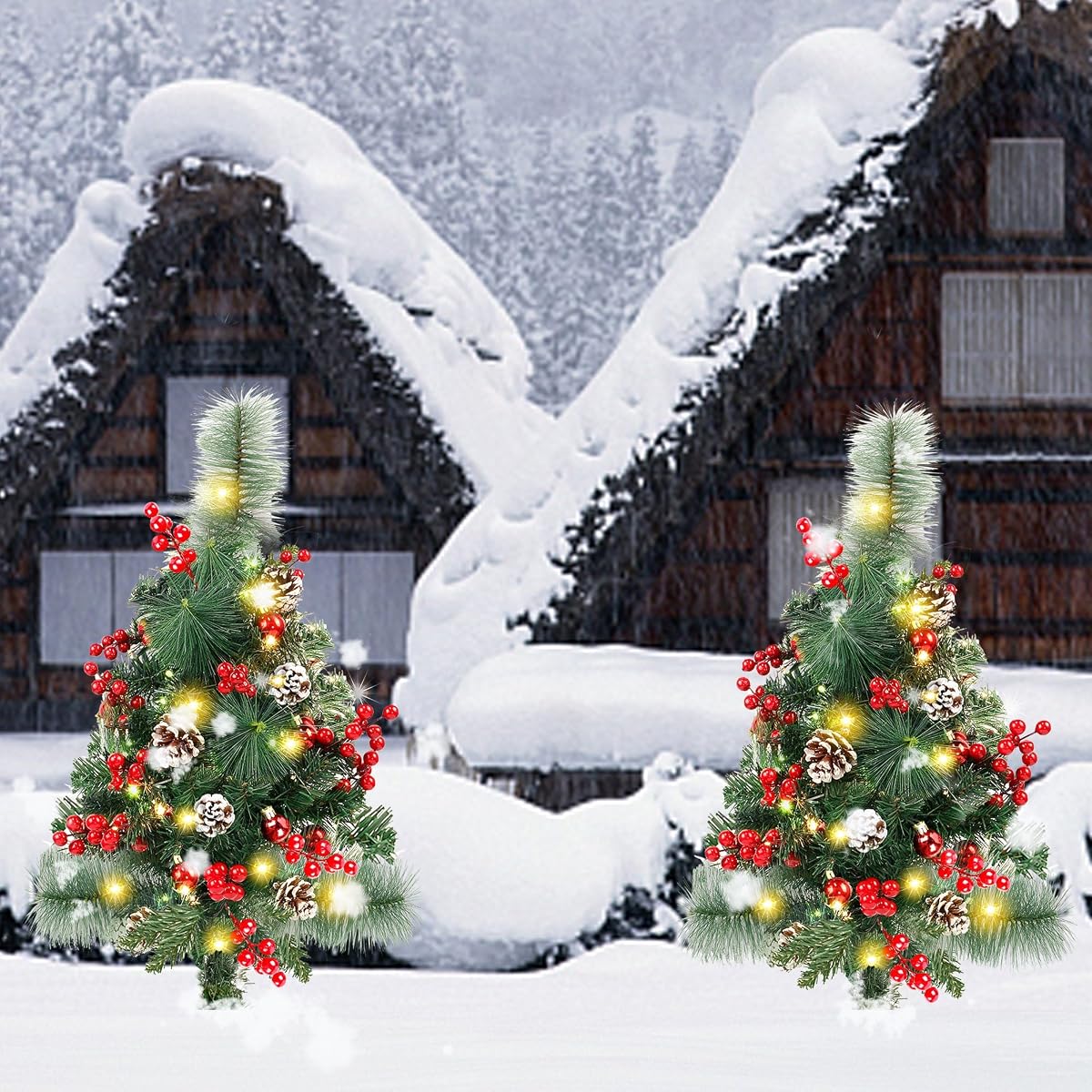 Lulu Home 2 Packs Pre-Lit Christmas Trees with Stake, 2.5FT H 60 LED Lighted Small Xmas Urn Planter Filler with Red Berries Red Balls Pine Cones Lights for Pathway Yard Garden Outdoor Decorations - detail image 6