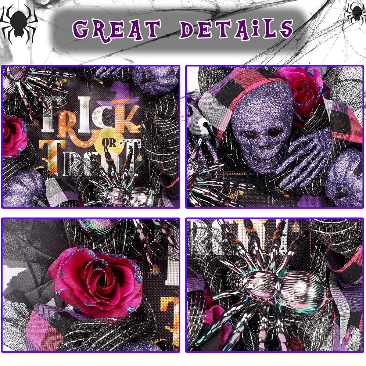 Lulu Home Halloween Wreath, 30 LED Lighted Front Door Wreath with Skull Spider Mesh Decor, Battery Operated Halloween Wired Ribbon Wreath Artificial Door Wreath Hanging Ornament, NOT PRELIT - imagem de detalhe 3